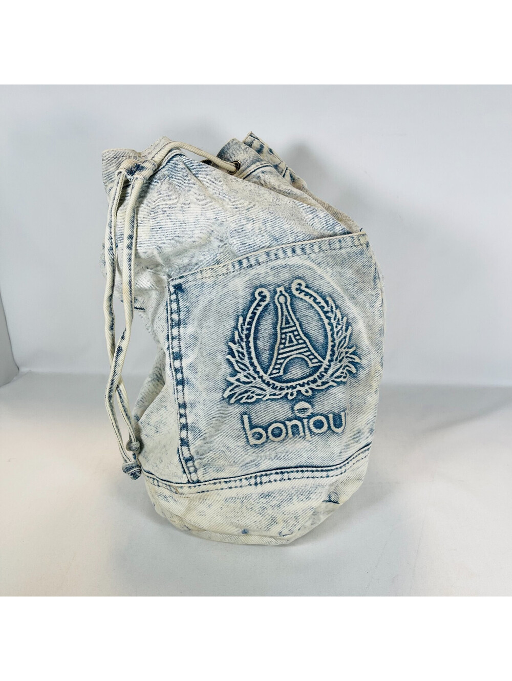 Vintage Bonjour Acid Wash Denim Duffle Backpack Bag Blue White Drawstring 80s
